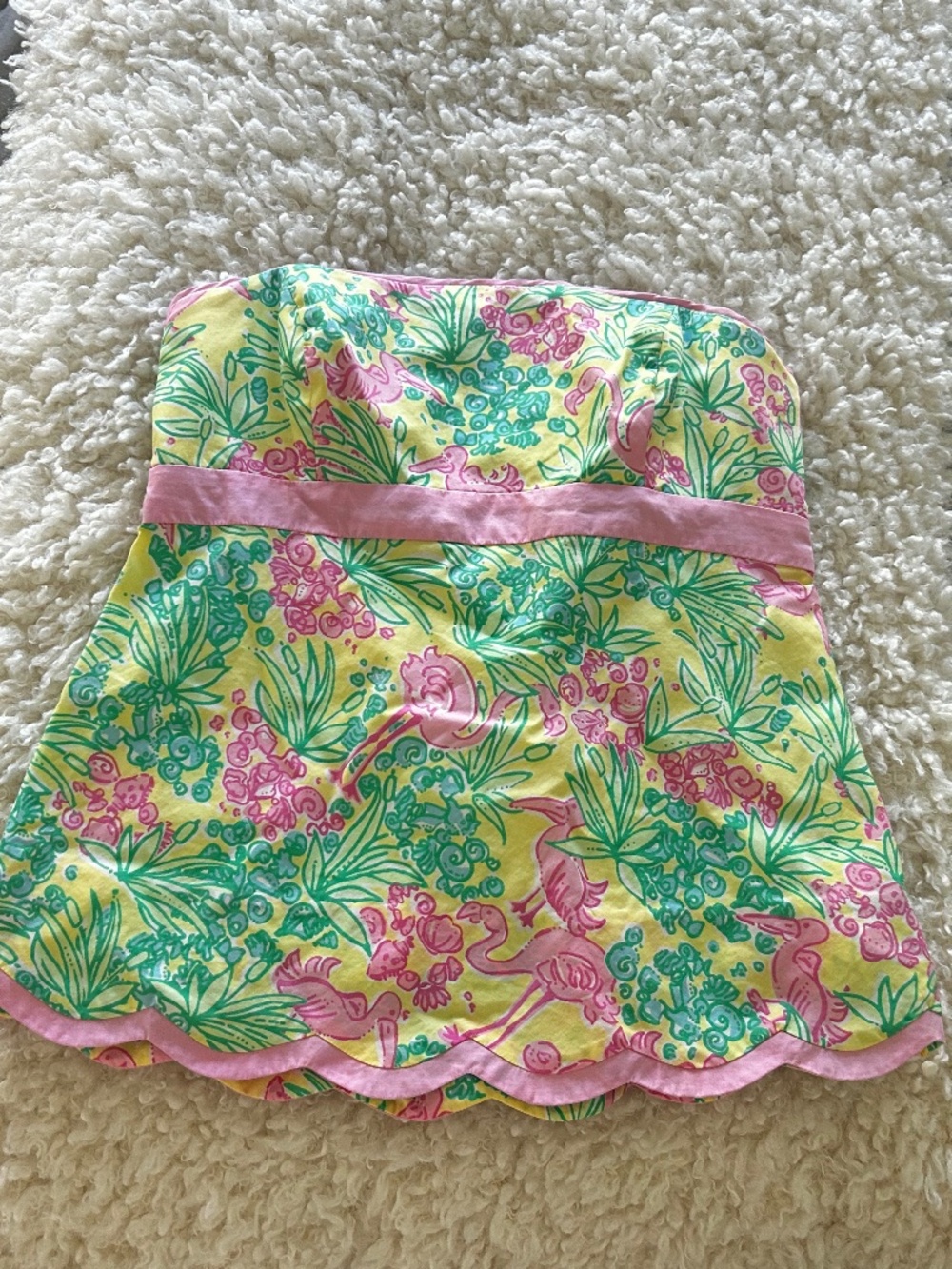 LILLY PULITZER PINK GREEN FLAMINGO STRAPLESS TOP SIZE 2